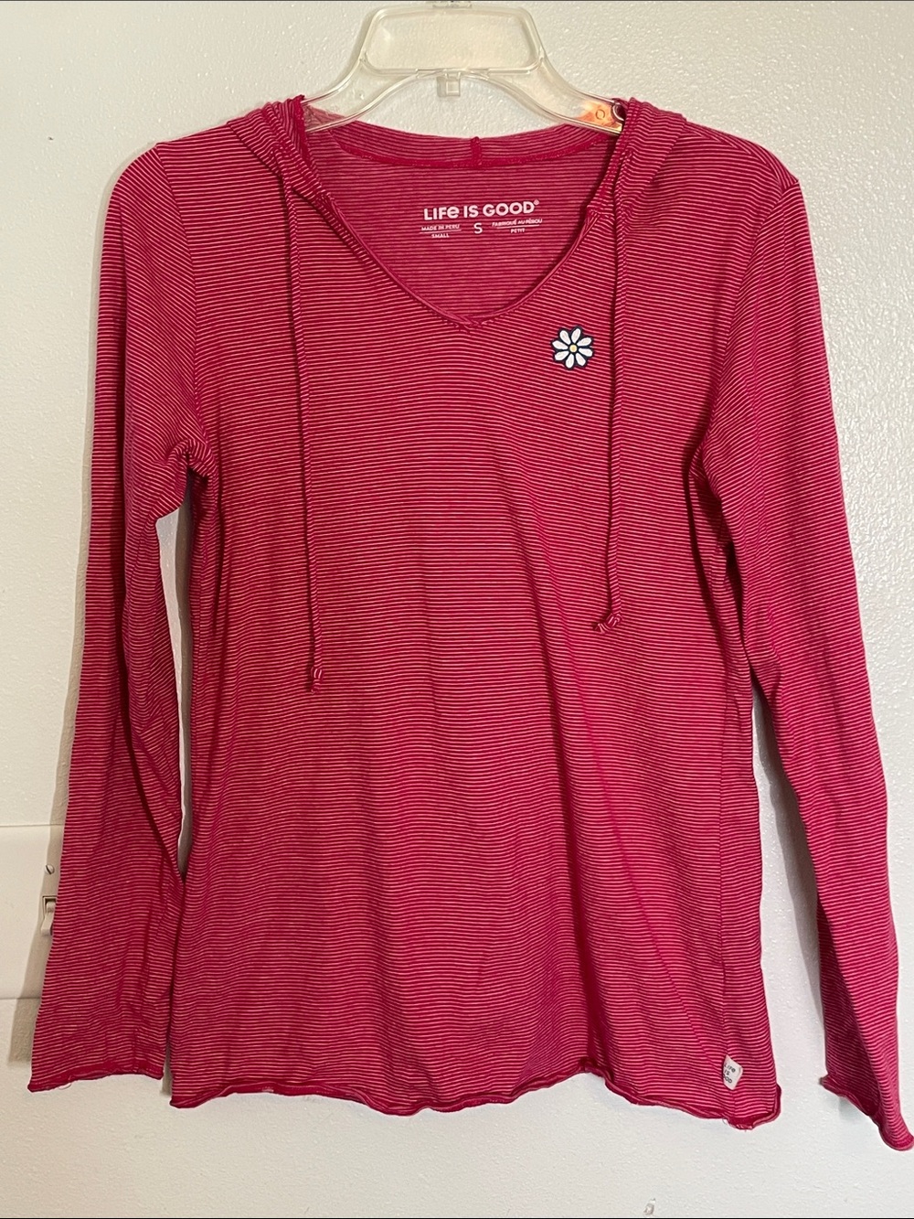 Life Is Good Raspberry Stripe Hooded V-Neck Long Sleeve